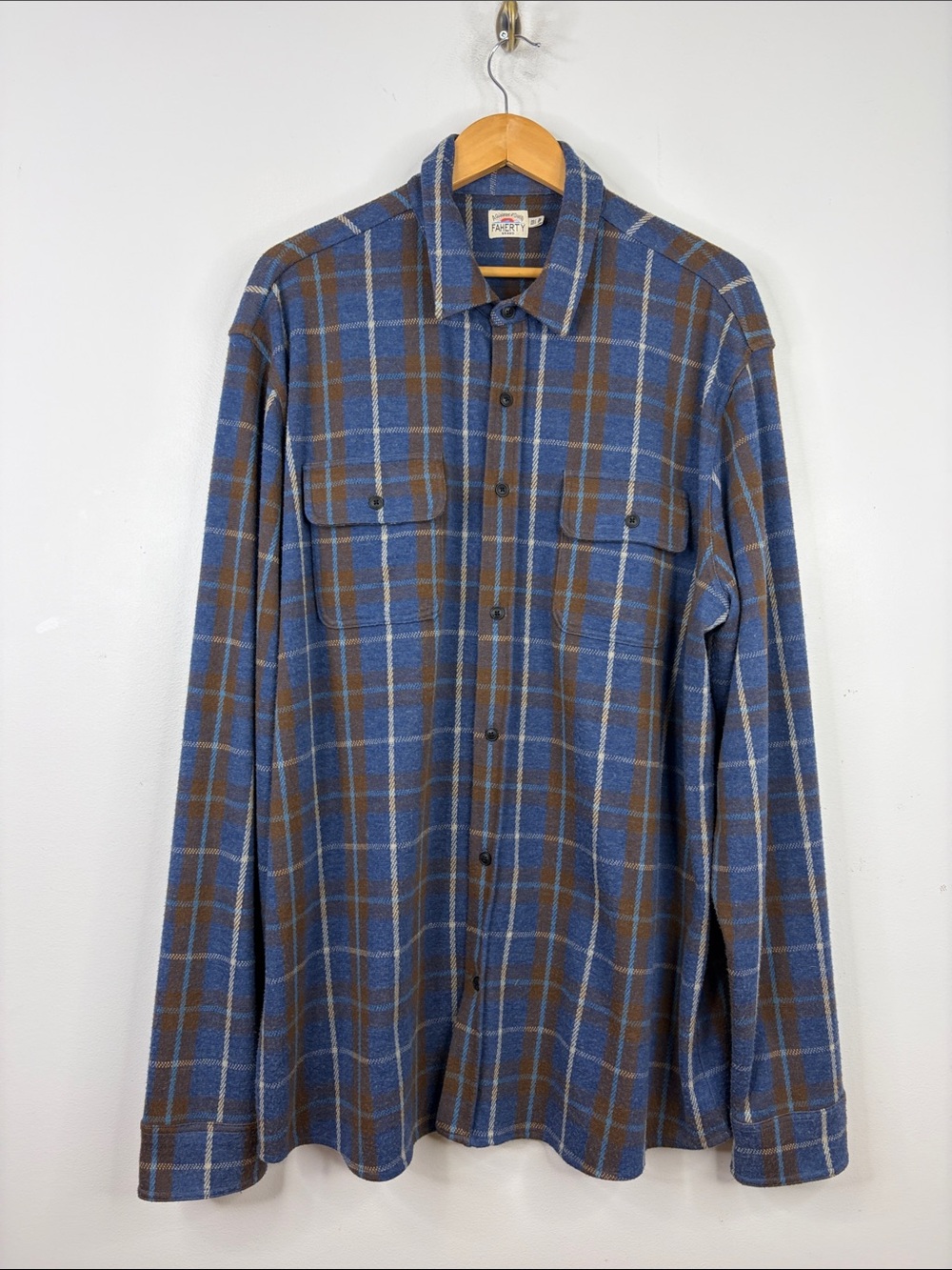 Faherty Legend Sweater Shirt Mens XXLT Blue Brown Plaid Long Sleeve Collar